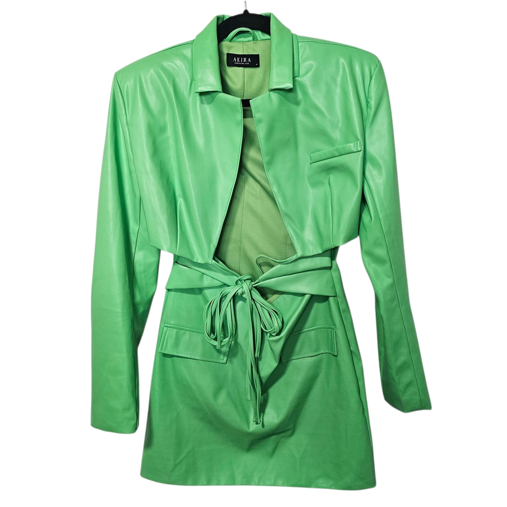 AKIRA M Green Faux Leather Mini Dress Trench Coat Size Going Out Party Miami ~